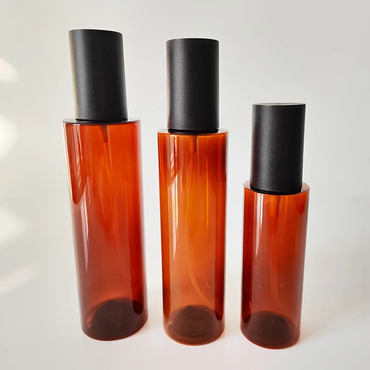 Wholesale 100ml 150ml 200ml Plastic Essence Emulsion Cosmetic Serum Press Pump Head Amber Bottle with Sprayer