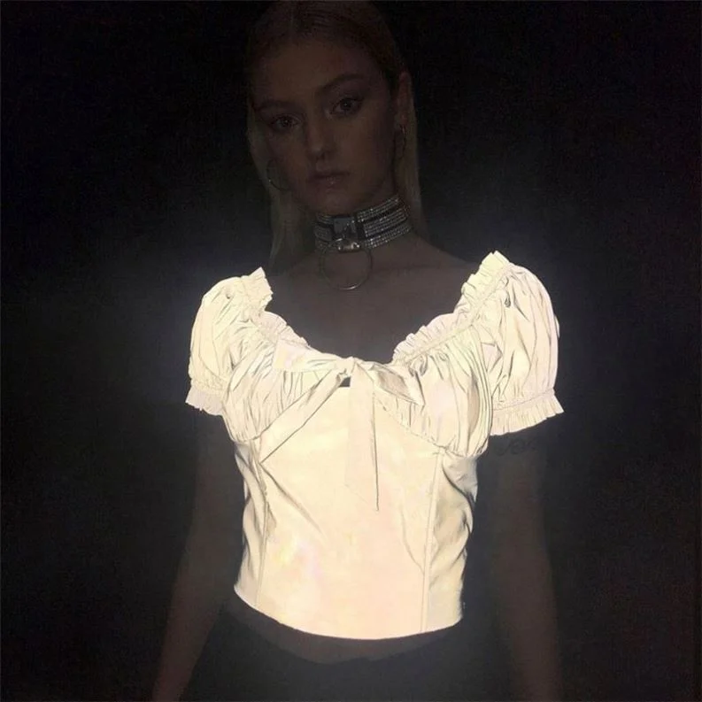 
2019 hot sell summer Fashion women girl sexy v neck short sleeves reflective glow in the dark crop top blouse 