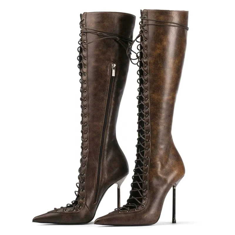 Lace Up Front Cut Out Women Knee High Boots Big Size 44 Solid Stiletto Dress Shoes Slim Heels Side Zipper  Long Boots