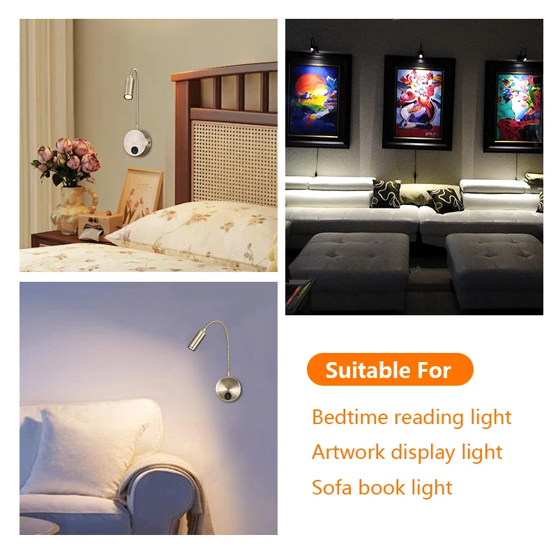 Hot sell 3W LED bronze surface goose neck flexible and adjustable hotel bedroom bedside Wall Mounted book light for reading