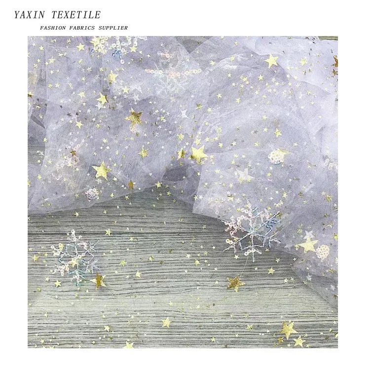 Gold Foil Star Print Organza Snowflake Glitter Sequin Embroidery Tulle Lace Fabric for Christmas