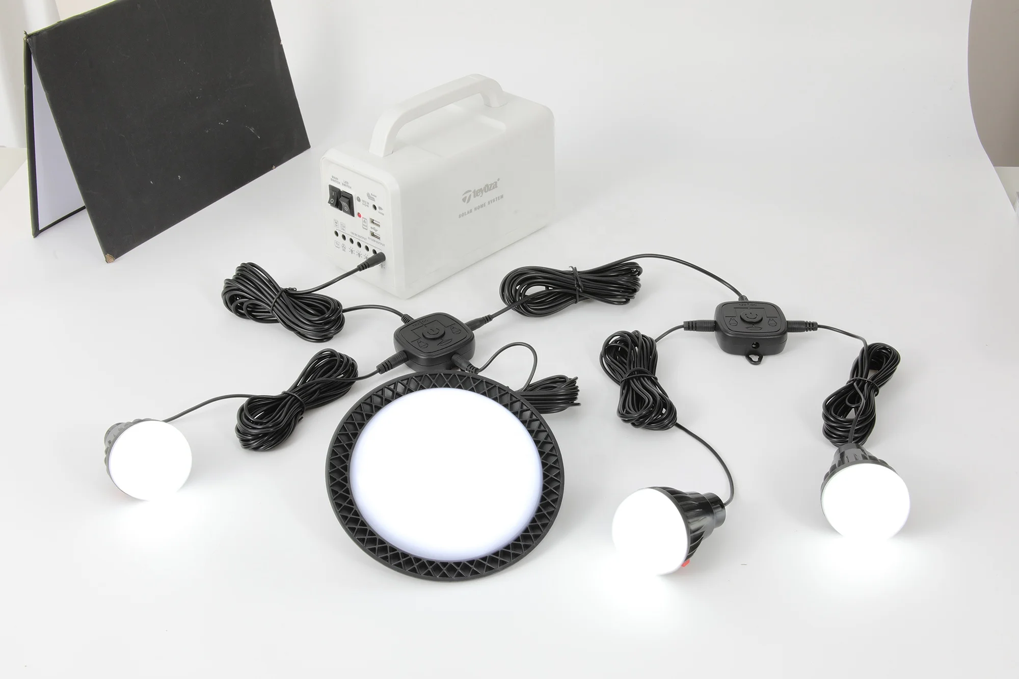 teyoza with 60 watt solar panel portable solar system rechargeable led emergency light with dc bulb and power bank function