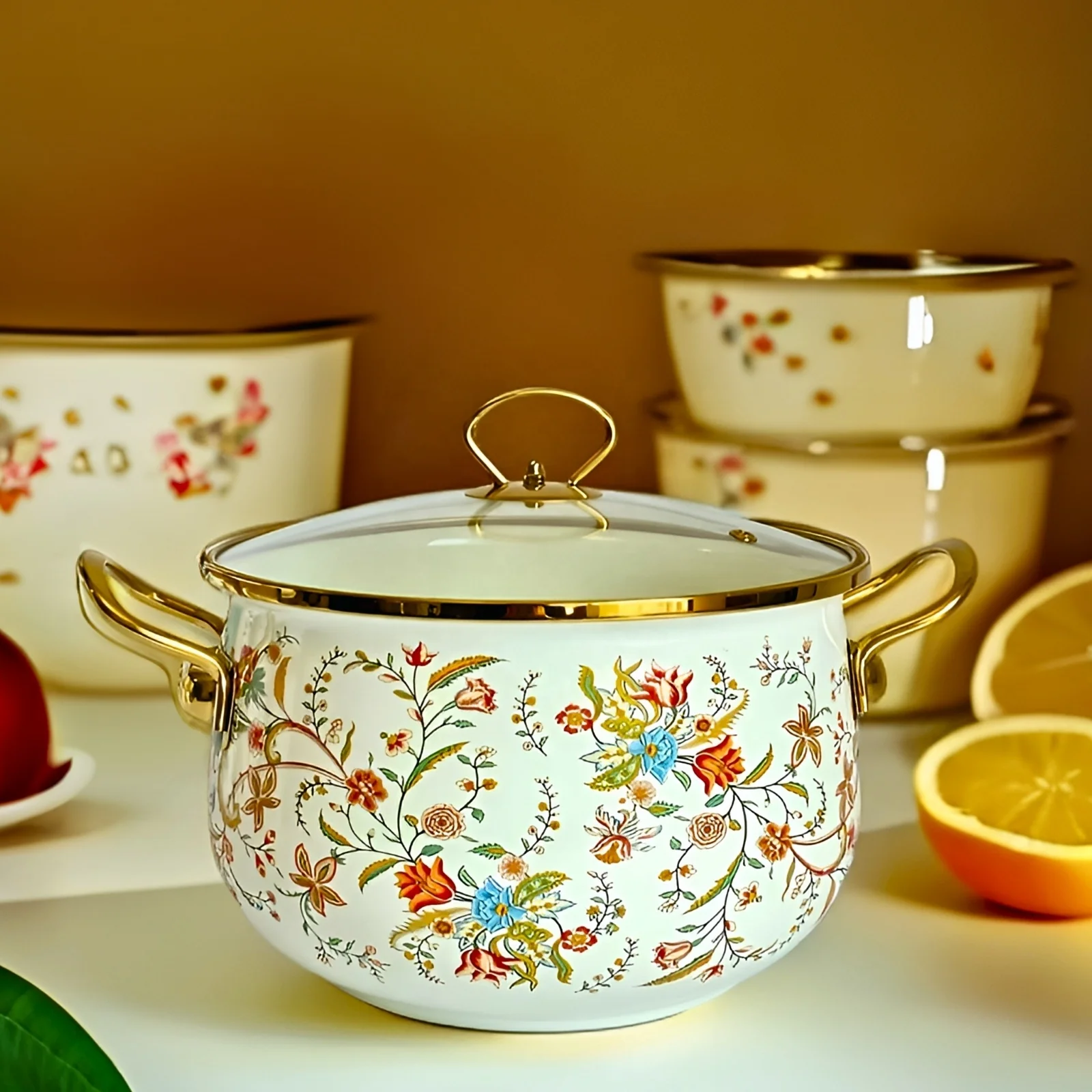 20/22/24/26/28cm enamel kitchenware casserole glass cover gold handle Fu pot style high quality deep soup pot seafood pot