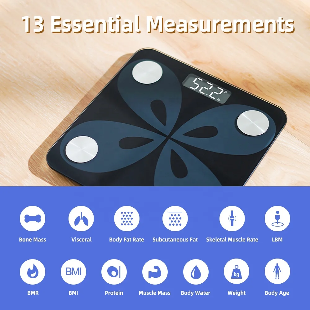 Bathroom Household Digital Tempered Glass Electronic Smart App Water Weight Body Fat BMI Health Analyzer Scales