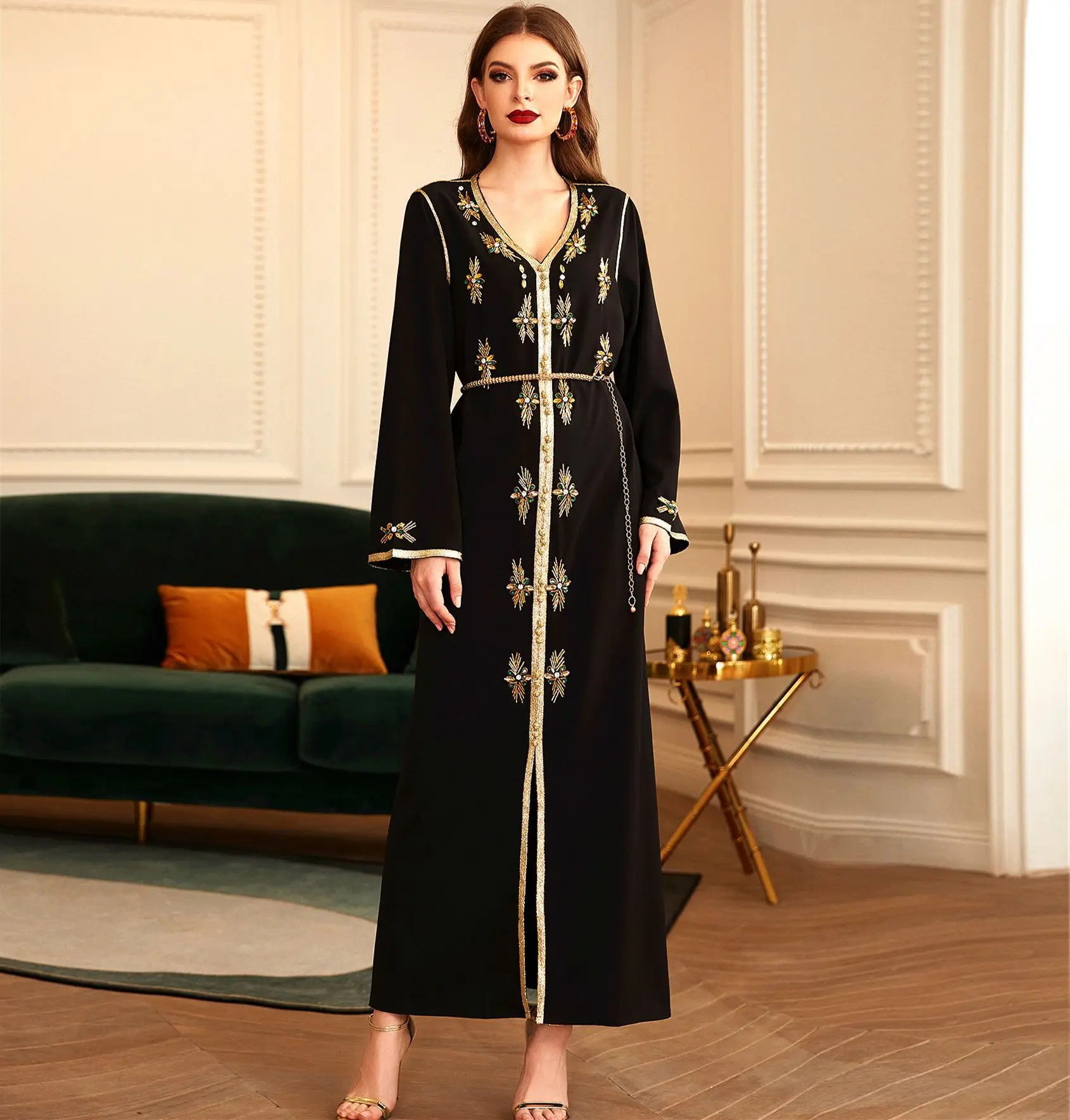 2023 New Black Beaded Islamic Evening Dress Abaya Women Muslim Dress Dubai Middle East Robe  Floor-length Dress