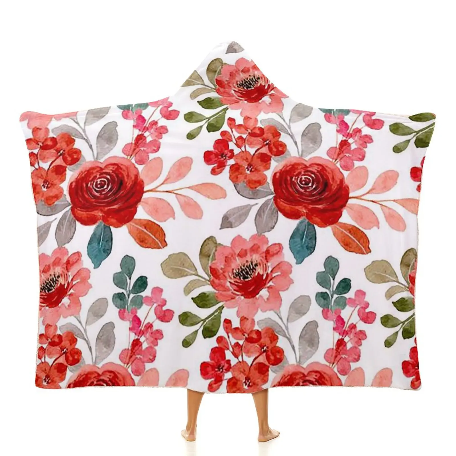 Hawaiian Flower Print Custom Flannel Fleece Blanket Oversized Sherpa Sweatshirt Hooded Blanket Winter Warm Blanket For Women