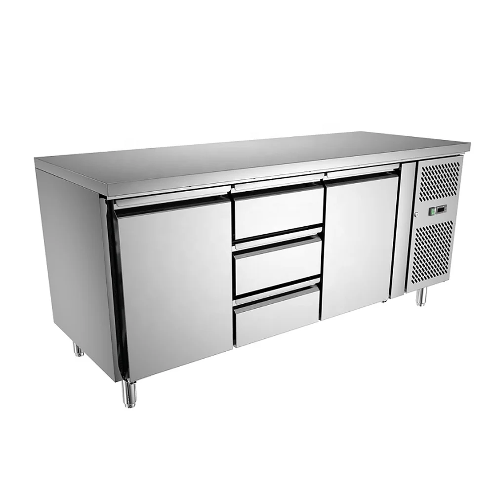 CE commercial restaurant kitchen industrial 2 door stainless steel under counter chiller with drawer