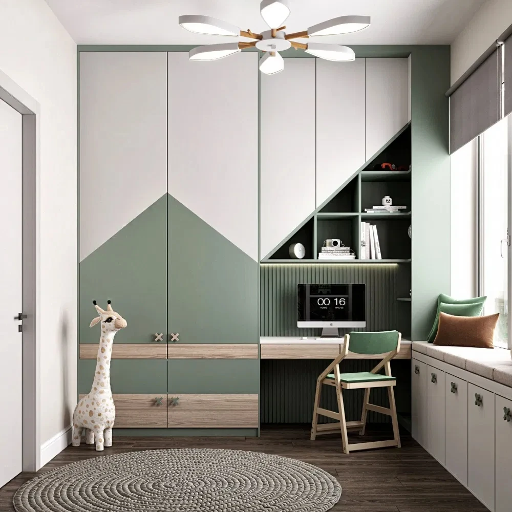 Custom Designs Sweet Modern Style Green Kids Room Boys Room Flush Door Bedroom Wardrobe