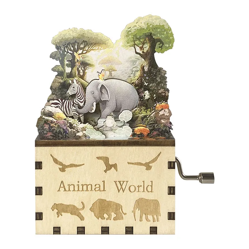 Custom Colorful Music Box Mini Animal World 3D Wooden Puzzle Hand Crank Music Boxes Festival Creative Toy for Kids