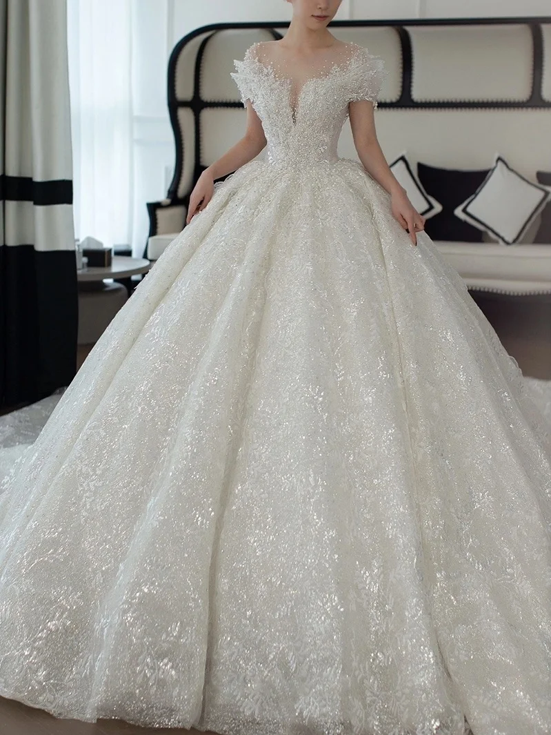 Dubai Sparkly Sexy V Neck Wedding Dresses Long Sleeve Luxury Full Beading Bridal Gowns Custom Made Vestidos De Novia