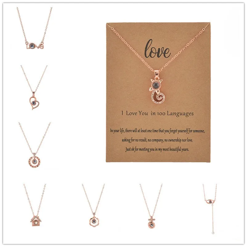 100 Languages I Love You Necklace Rose Gold Love Memory Projection Zircon Pendant Necklace for  Christmas Valentines Day Gifts
