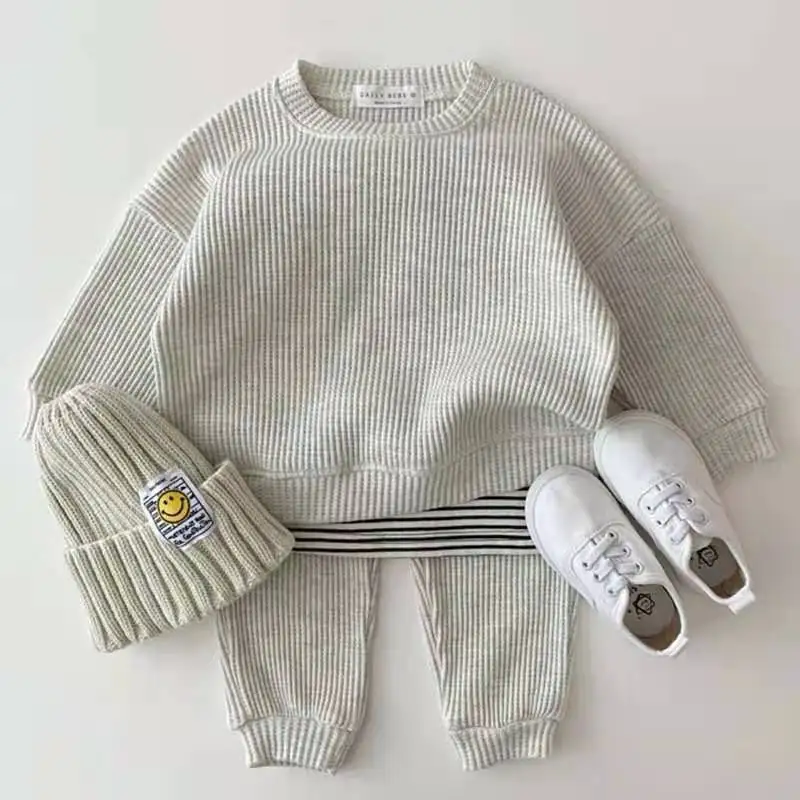 
Fancy spring toddler tracksuits plain cotton waffle kids outfits 