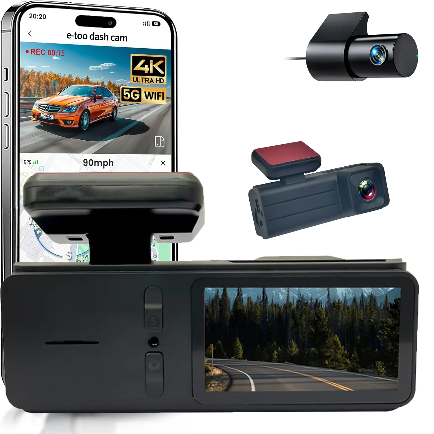 E-Too 4K 2 Inch mini hidden driver Car Dvr video recorder dash cam dashcam camera front and rear with Wifi FHD Night Vision Auto