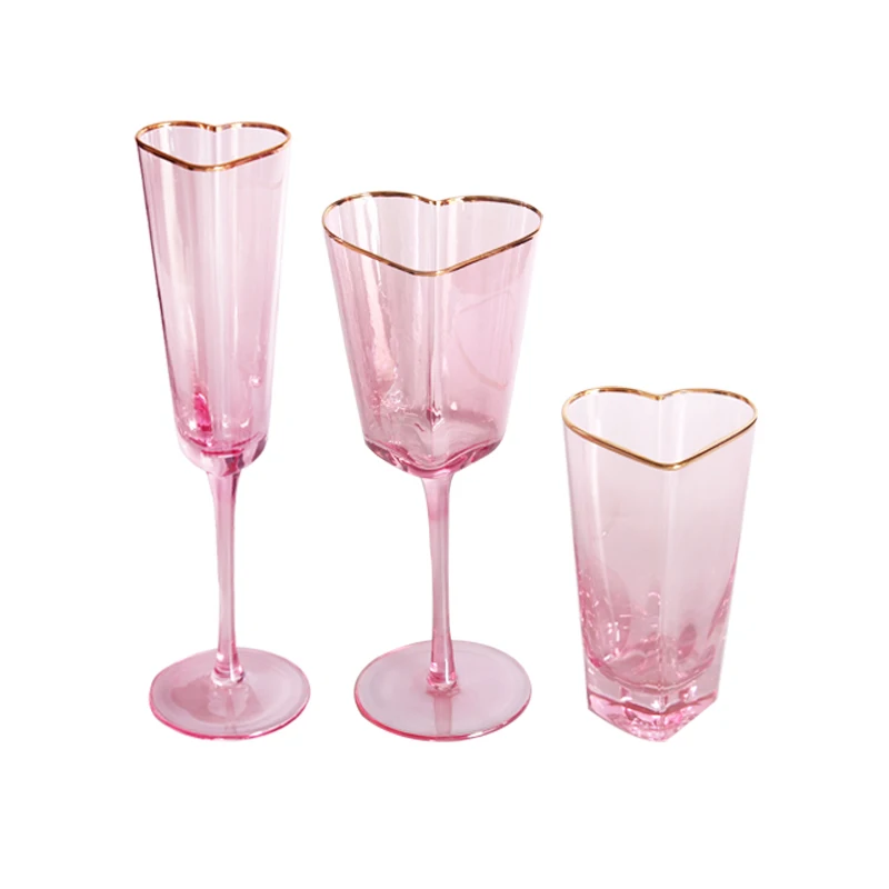 Pink Glassware Pink Color Heart Shaped Champagne Flute Crystal Wine Glass Champagne Glass Bulk Heart Shaped Champagne Glasses