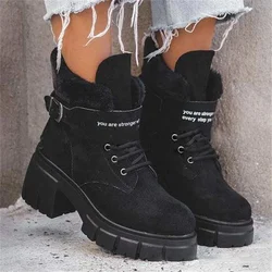 LFZ-68 2022 Boots Women Shoes Fur Lace Up Platform Boots Heels Thick Snow Winter Boots for Women Ladies