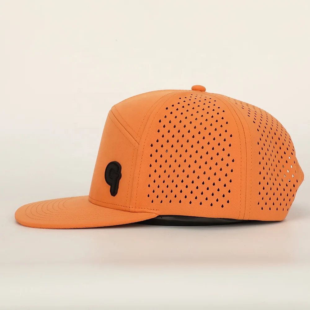 Wholesale High Quality Rubber Patch Logo 7 Panel Polyester Laser Cut Hole Hat Flat Brim Gorras Custom Waterproof Snapback Cap