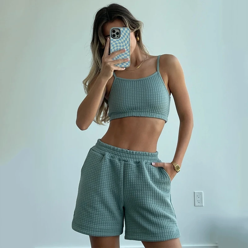 Custom Women Clothing Summer Casual Lounge Wear Quilted Cloud Tube Top Shorts Set Women Two Piece Short Set