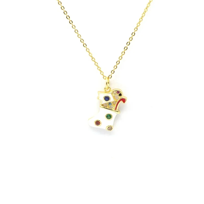 Necklace jewelry gold plated chain zircon christmas gift enamel white stocking necklace