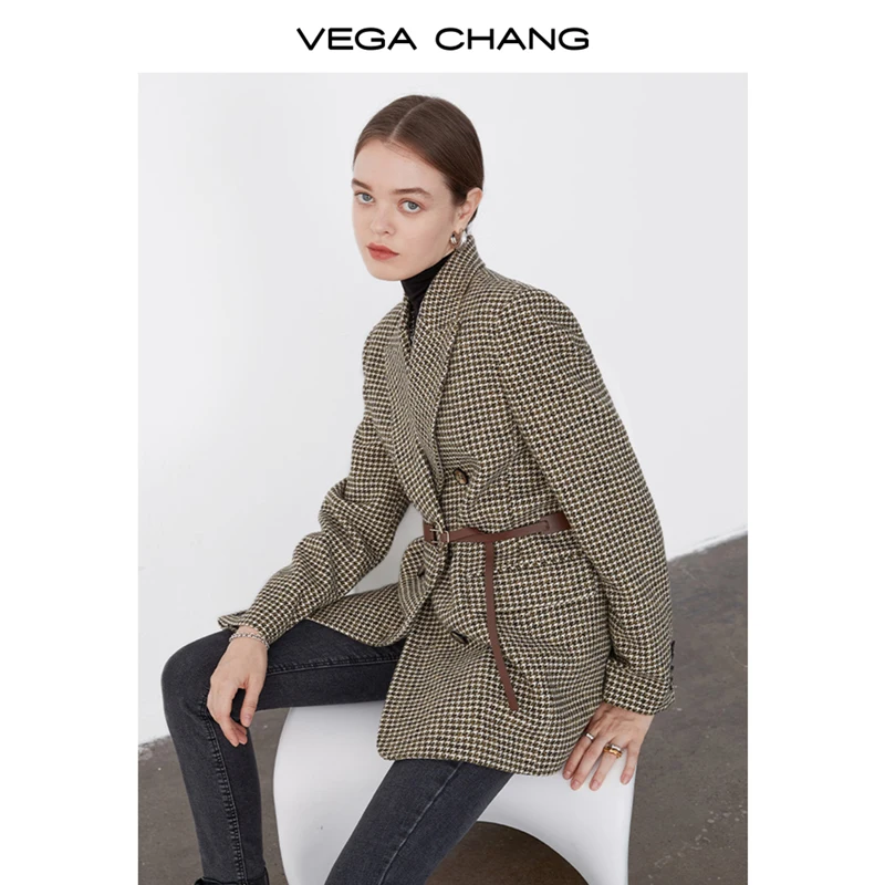 VEGA CHANG 2024 Winter Commuting Suit English Plaid Cotton clamping Waistline Vintage Premium  Woolen coat