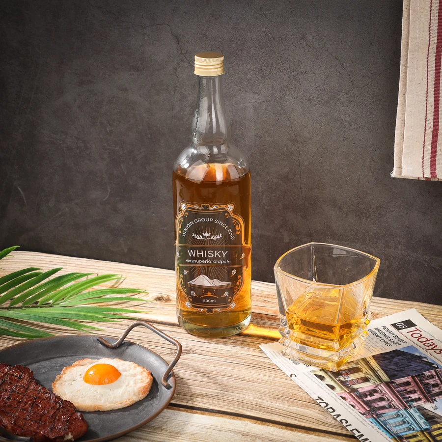 Clear Whisky Brandy Bottle Wholesale Round 750ml Empty Glass Liquor Wine Vodka Tequila Gin Bottle ROPP Lid