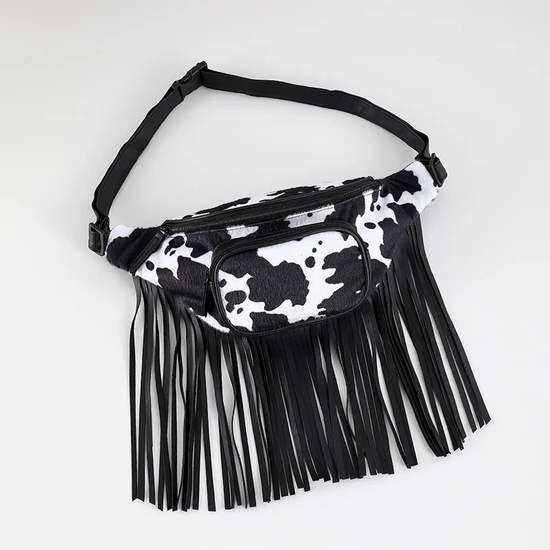high quality custom fashion belt bag for woman PU leather cow print fringe waist bag