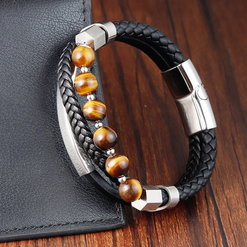 Hot Sale High Quality Men Natural Tiger Eye Stones With Genuine Leather Stainless Steel Bracelet Bangle