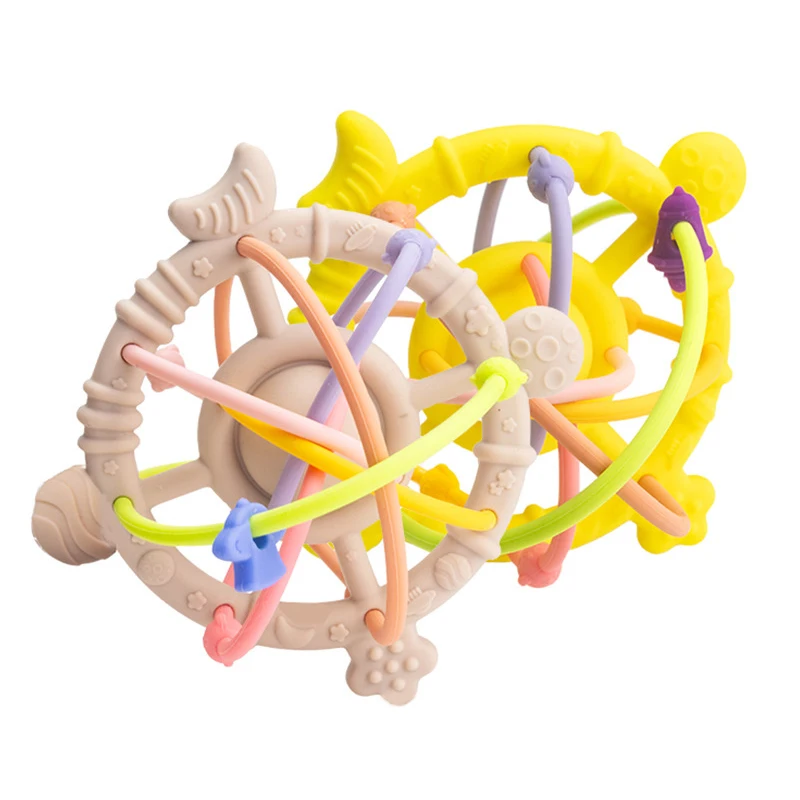 Newborn Sensory Toy Unisex Silicone Rattle Teether Shaker Soft Infant Educational Manhattan Rattle Ball Toy