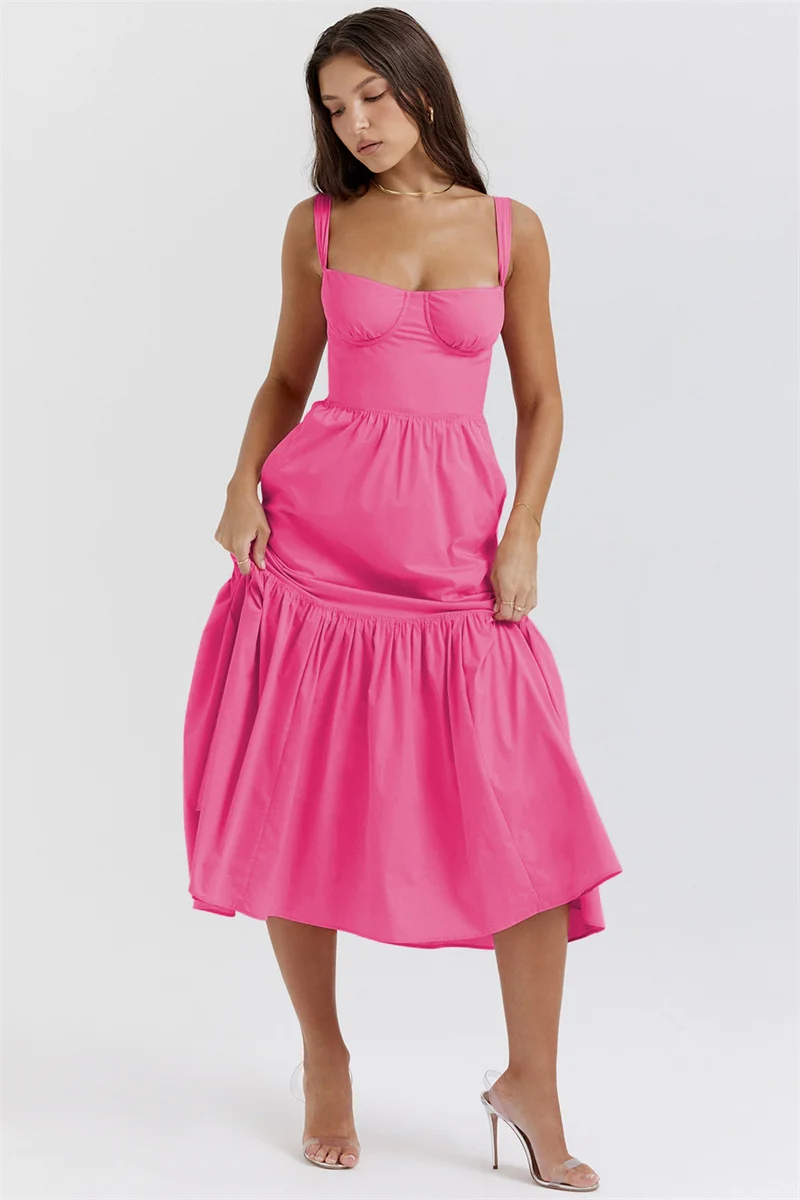 Sleeveless high waist splicing long dress women 2024 spring summer new sweet spicy wind halter solid color A floral cake dress