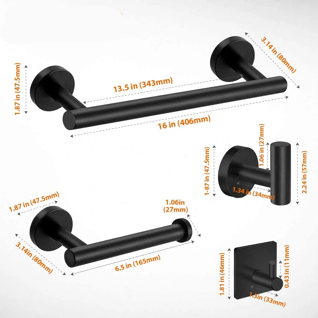 Modern 304 Stainless Steel Matt Black 3pieces or 5pieces Bathroom Accessories Set