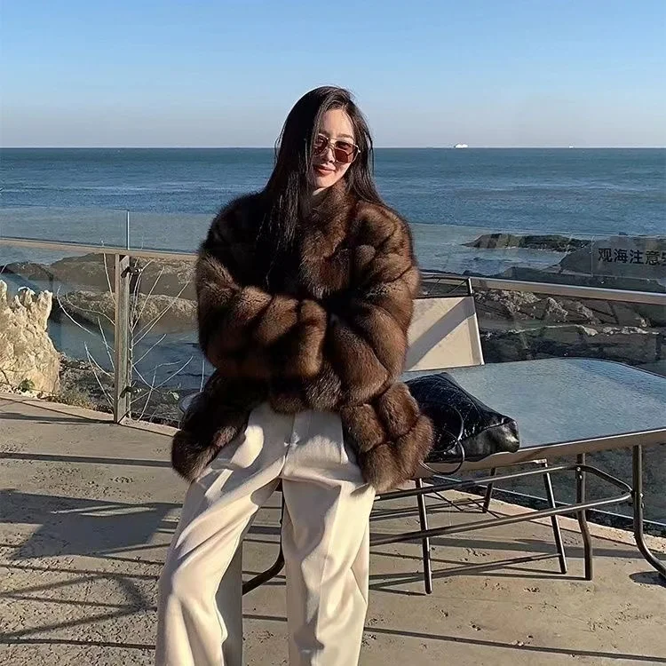 Winter Luxury Russia  New Purple Sable High Grade Sable Fur Jacket Winter Thickened Warm Fluffy Sexy  Stand Collar Faux fur coat