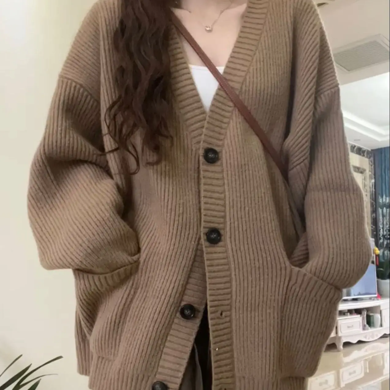 Camel Chunky Knit Button Up Cardigan Long Sleeve Twisted Crochet Sweater