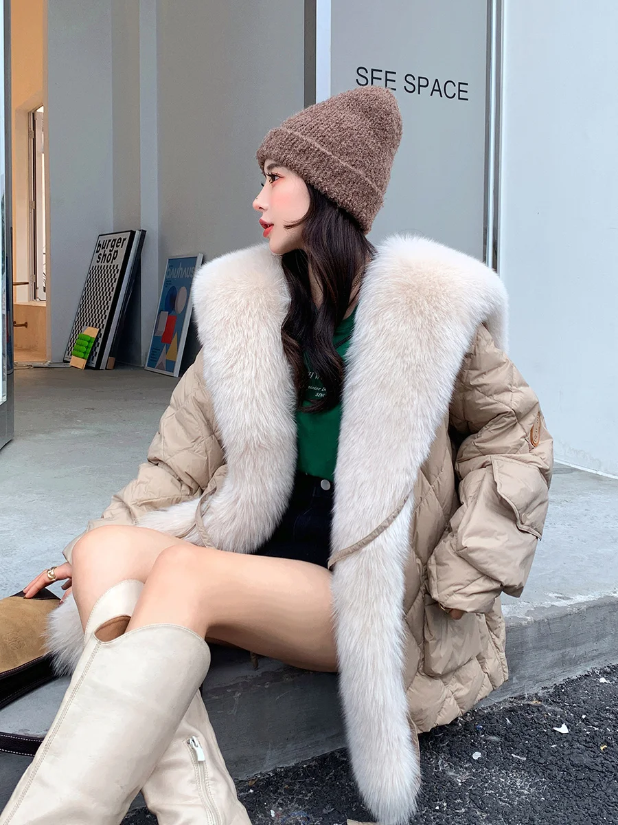 2021 hot big real fox fur collar coat oversize white duck down jacket plus fur winter outfit fur coat