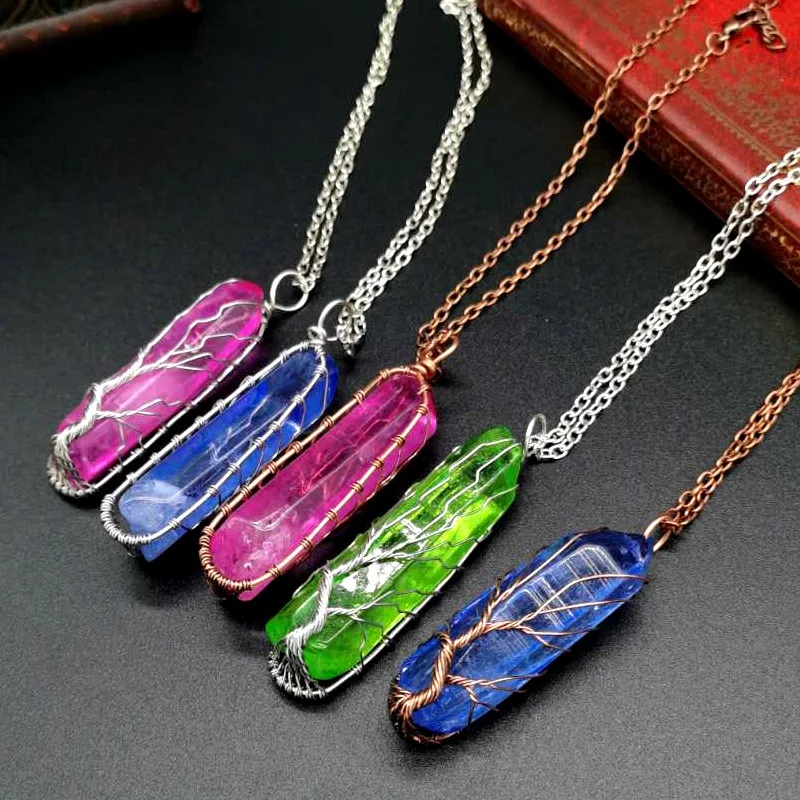 Unisex Silver Plating Cross Chain Colour Pillar Hand-Wound Natural Crystal Stone Tree of Life Necklace