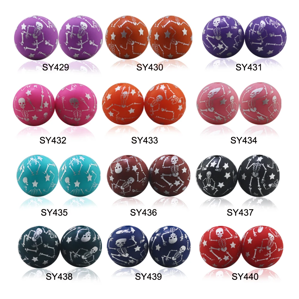 2024 New Arrival Custom Beads Printed Star Skull Halloween Silicon Round Beads For Pens Lanyard 15mm Silicone Beads For Pacifier