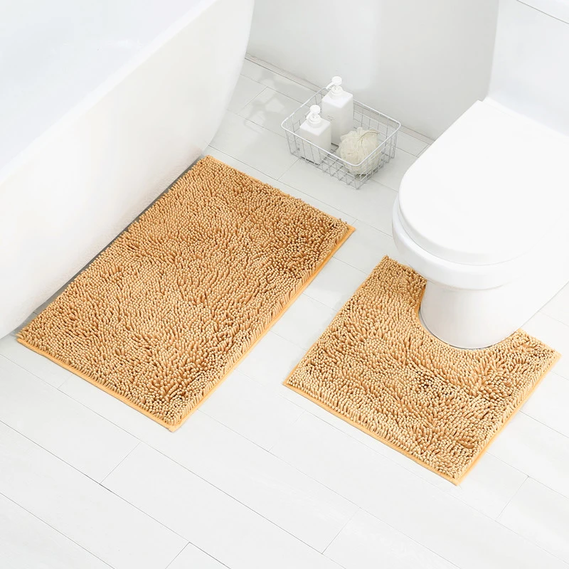 SHENGDE Custom Size Bathroom Shaggy Solid Color Microfiber Rug Set 3pc Non Slip Tpr Shiny Chenille Bath Mat
