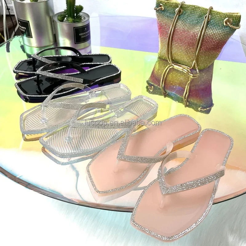Hot selling rhinestones Crystal Jelly sandals Multi color slides slippers for women ladies candy color flat sandals Flip flops