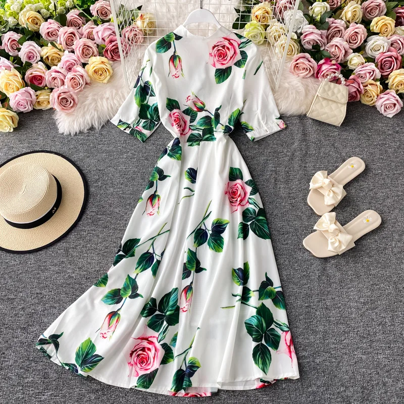 2022  Bohemian Stand Collar Lace-Up Dresses Women Casual Long Sleeves Woman Dress