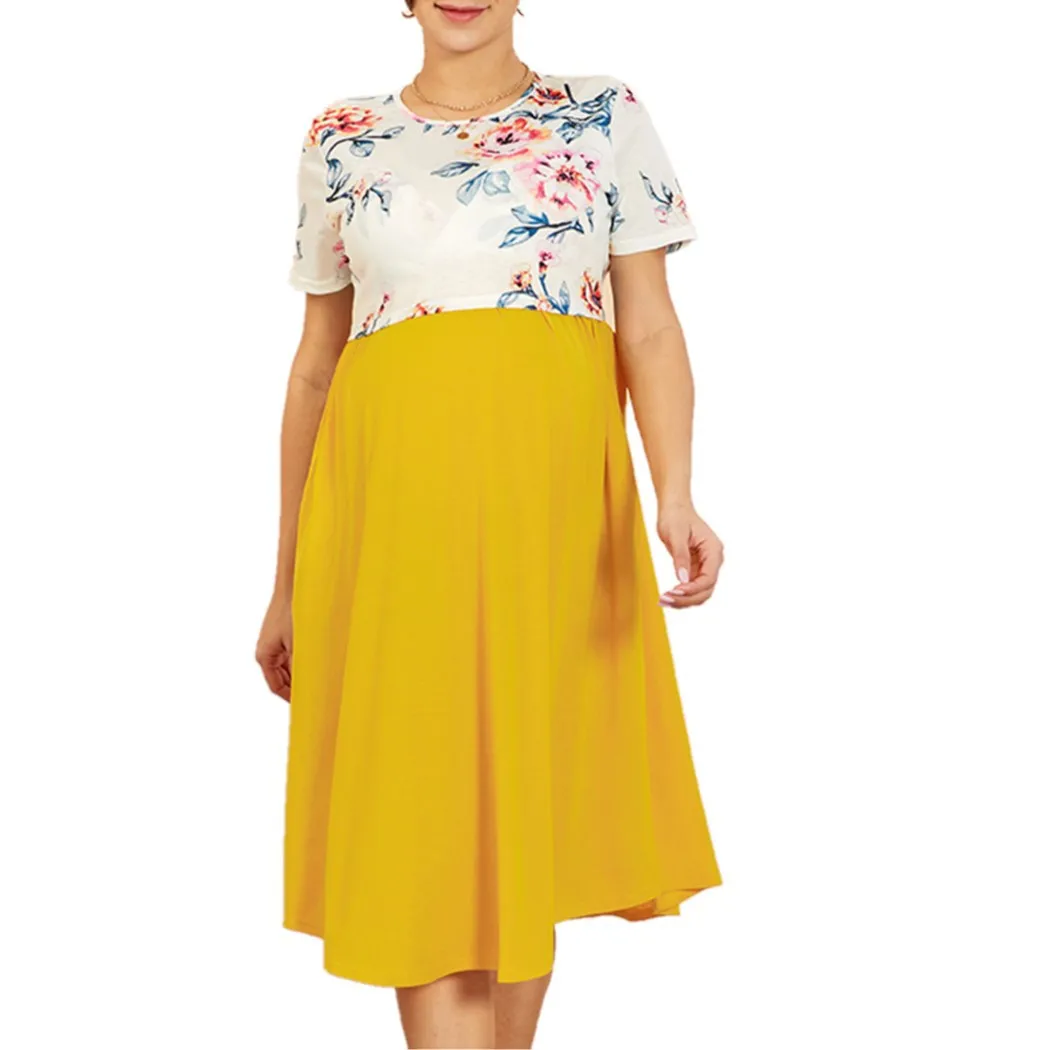 Summer hot selling contrast color maternity dress print short-sleeved loose nursing dress breastfeeding clothes women 2021