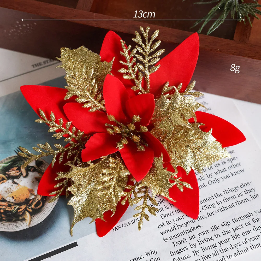 Party Decorations Velvet Floral Colorful Christmas Tree Flowers Poinsettia Flower Artificial Christmas Ornament
