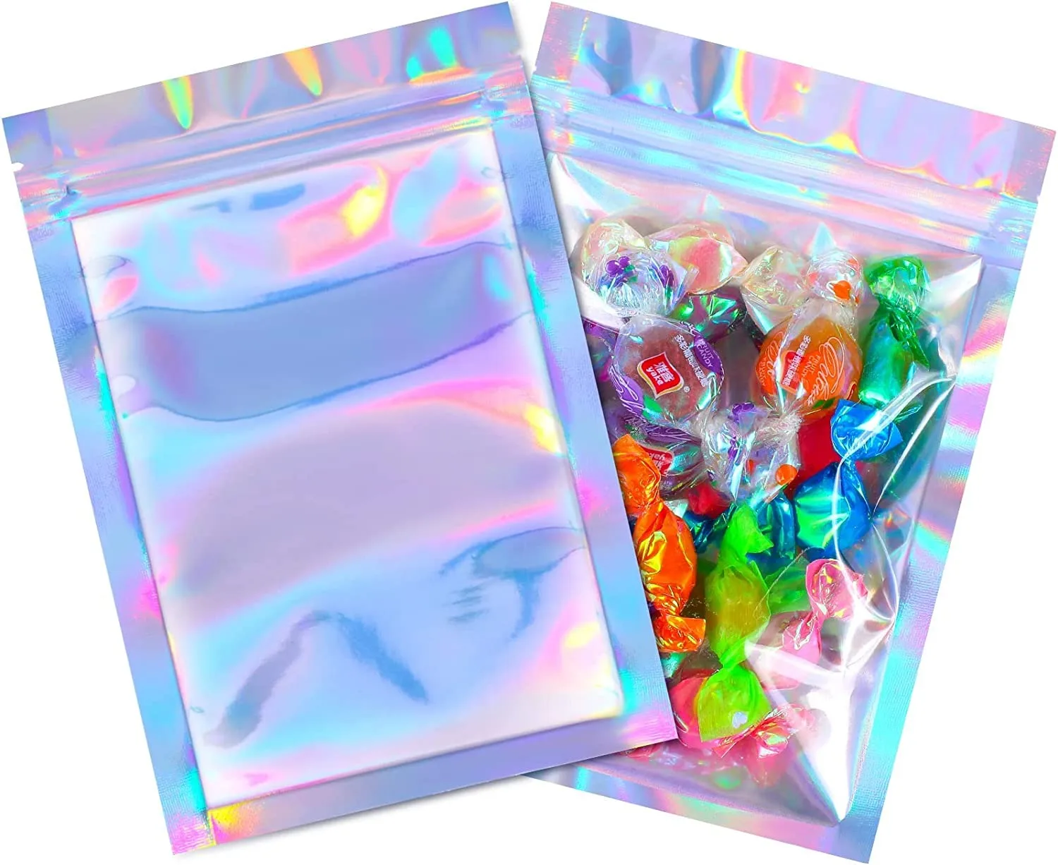 Wholesales Custom One Side Transparent Holographic Ziplock Packaging Bags Resealable Airtight Smell Proof Bag For Food Storage