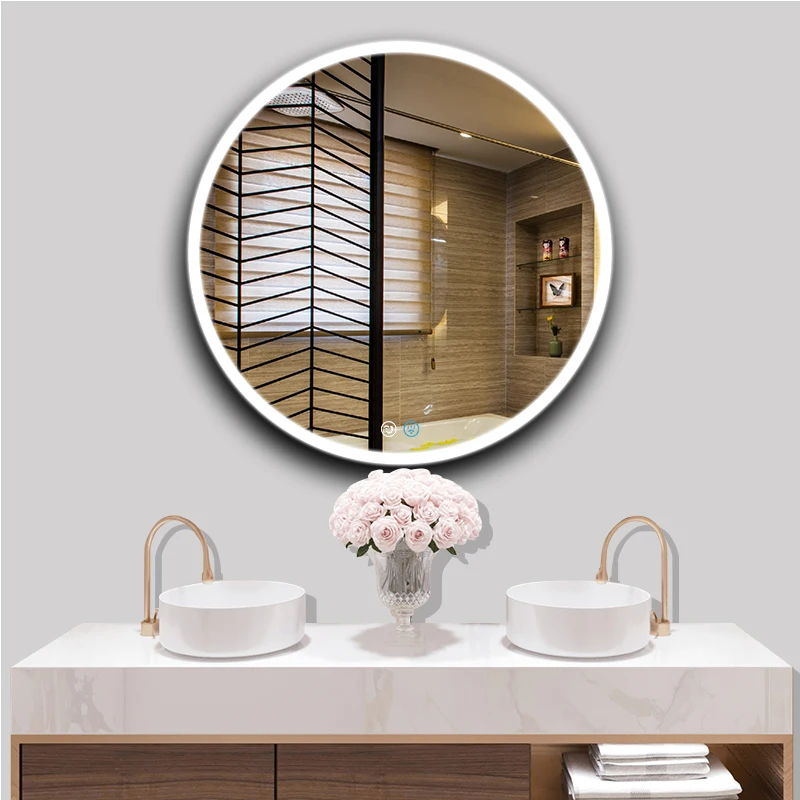 Custom High End Acrylic Frame Smart Round Wall Hanging Decorative Hotel Bathroom Led Mirror