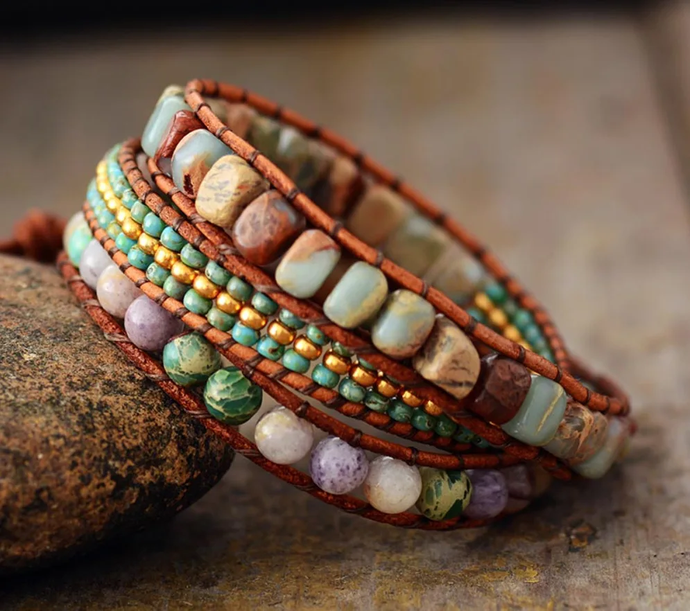 High End Beads Wrap Bracelets W/ Stones Rhinestone 3 Strands Leather Bracelet Bijoux Female  Boho Handmade Jewelry Wholesale