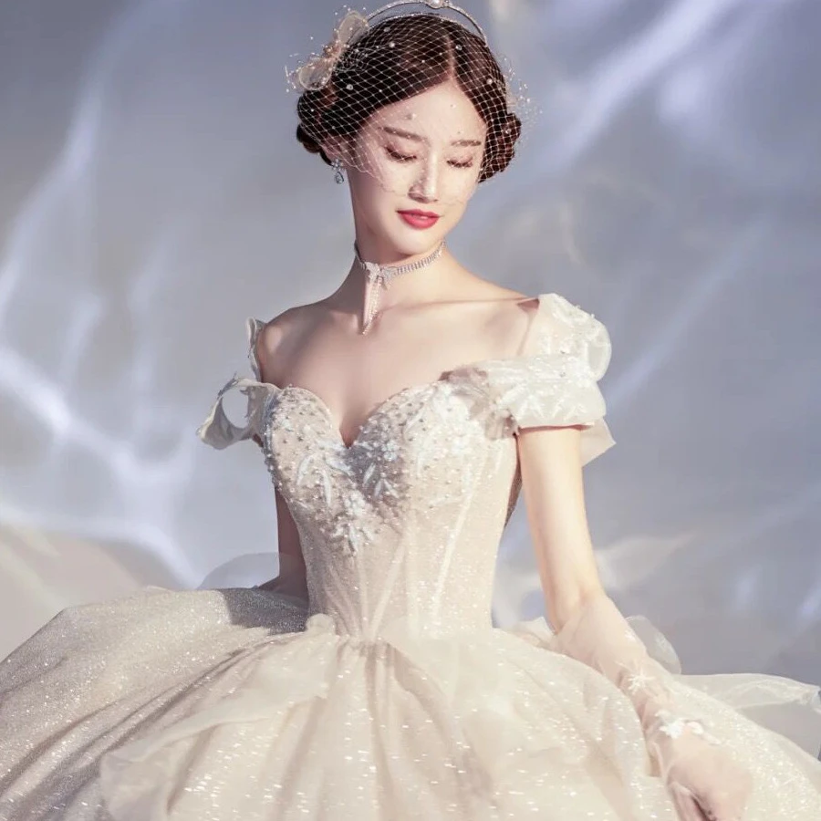
White Lace Bridal Luxury Wedding Gowns Big Tail Classic Wedding Dress 