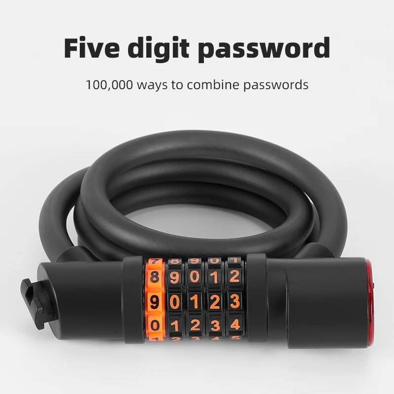 1.2M Anti-theft Bike Cable Lock 5 Digit Combination Password Bicycle Lock With LED Tail Light