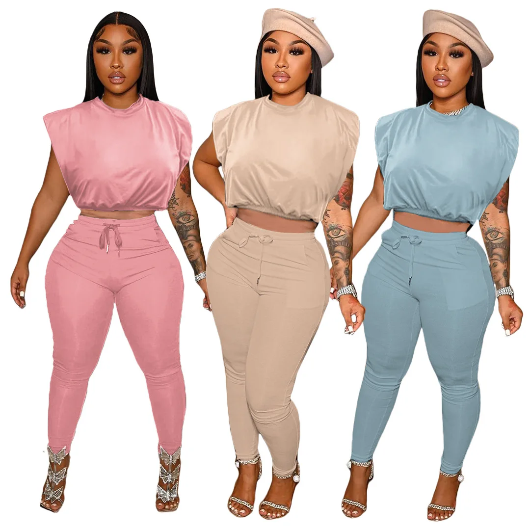 M7559 New arrival solid color crop tank top 2 piece pants set matching sets spring 2022 womens clothing