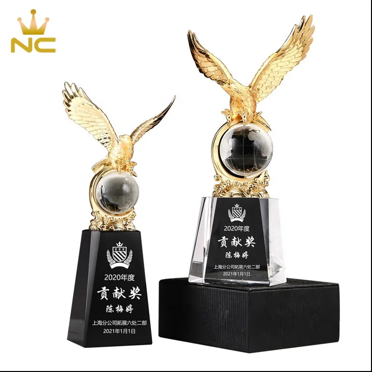 Customized K9 Material Metal Eagle Crystal Trophy Award Sublimation Awards Crystal Trophy Cup