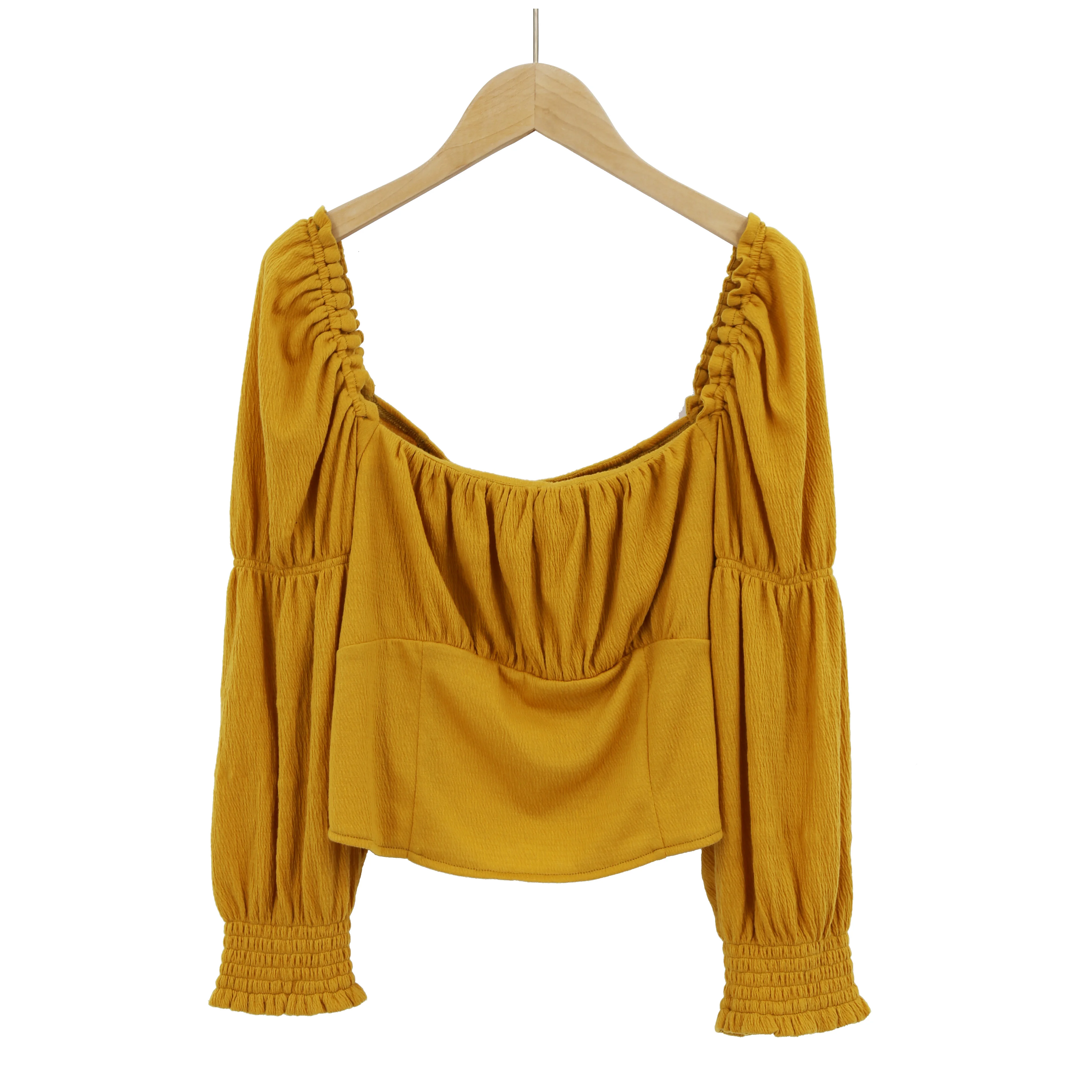 
Elegant Women Casual Back Smocking Puff Sleeve Square Collar Crop Top Blouse 