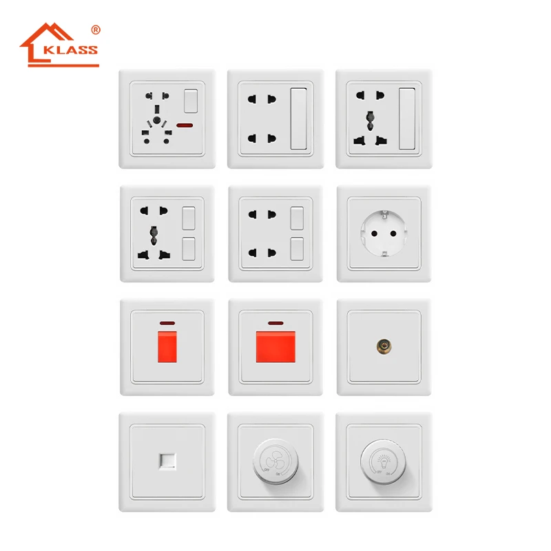 KLASS 12v 250v bangladesh gang switch socket 86mm 8 pin 6 pin switch socket wall white PC 6 pin switch and socket
