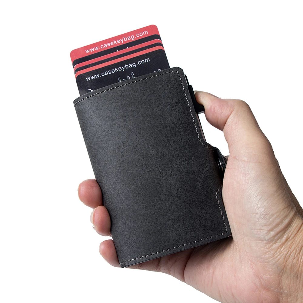 Мужской смарт-кошелек Casekey из искусственной кожи с RFID-защитой Тонкий минималистичный Алюминиевый металлический выдвижной держатель для