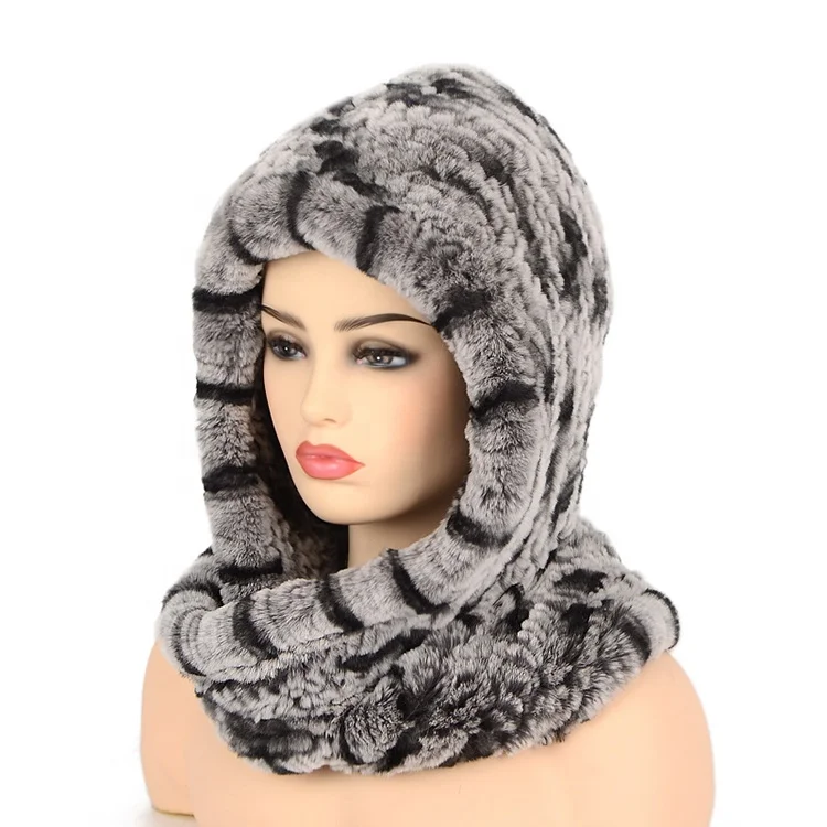 Оптовая продажа, вязаная шапка из натурального меха кролика Рекс и шарф с капюшоном, зимняя женская меховая шапка с шарфом на шею